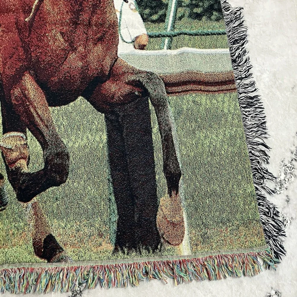 Horse Racing Tapestry Throw Blanket Jockey Thoroughbred Equestrian Woven Fringe